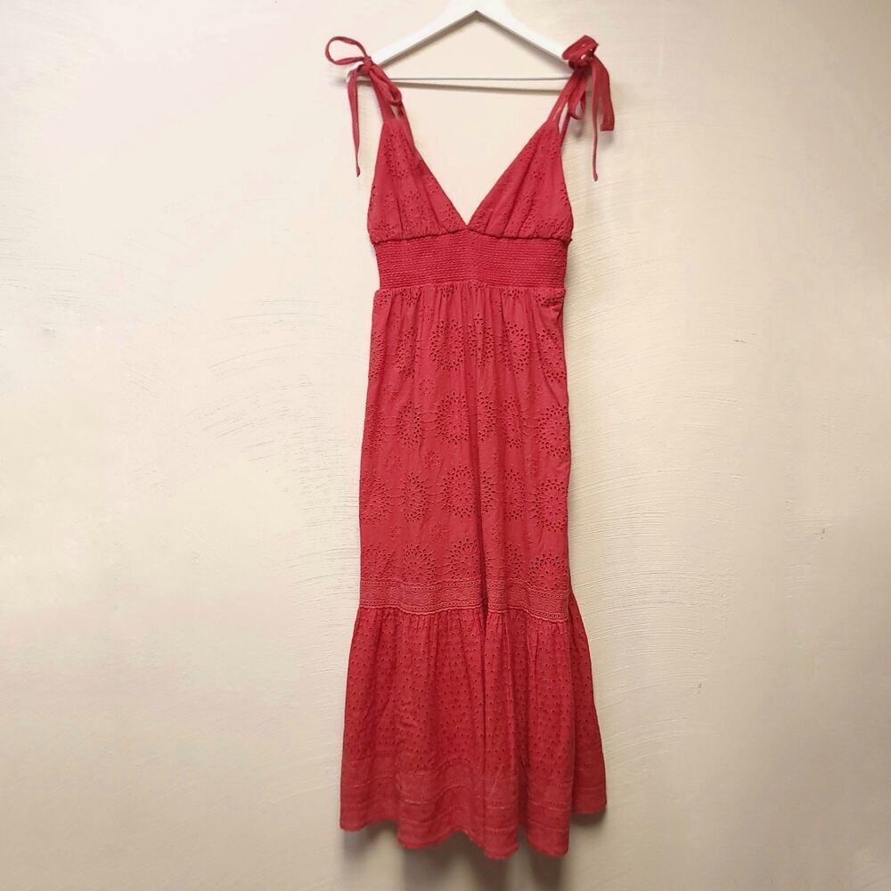 ALICE + OLIVIA Levine Smocked Waist Cotton  Linen Blend Midi Dress Size 10 Red​